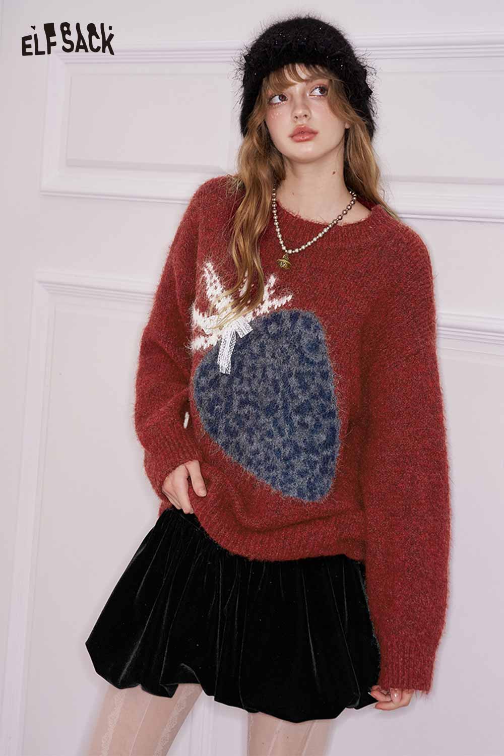 ELFSACK Loose Fruit Graphic Lace Bow 3D Embellishment Round Neck Sweater