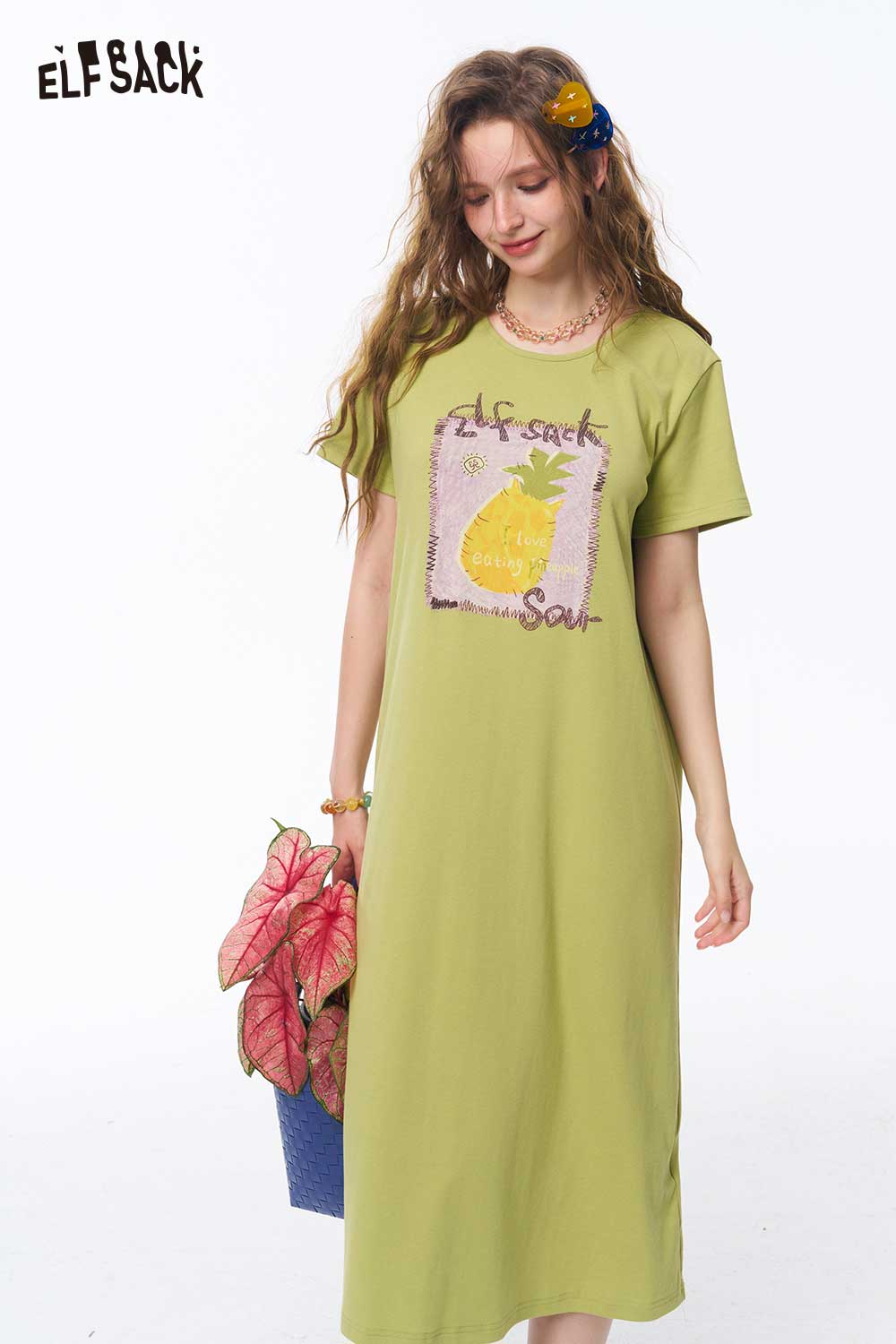 ELFSACK Fruit Print Back Cutout Midi Dress