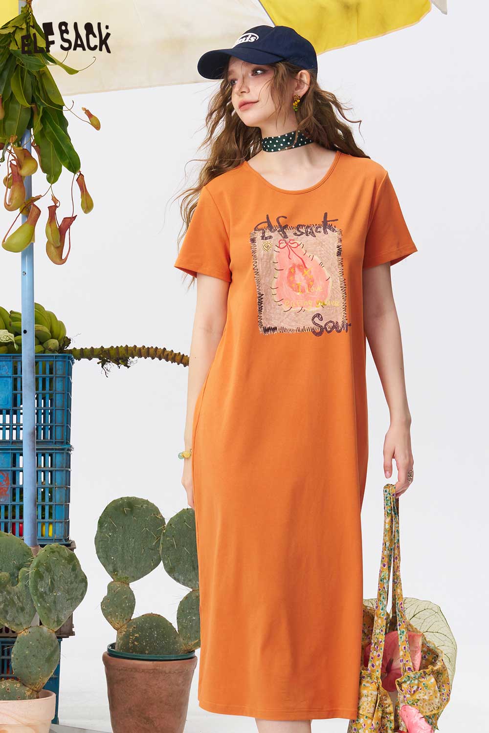 ELFSACK Fruit Print Back Cutout Midi Dress