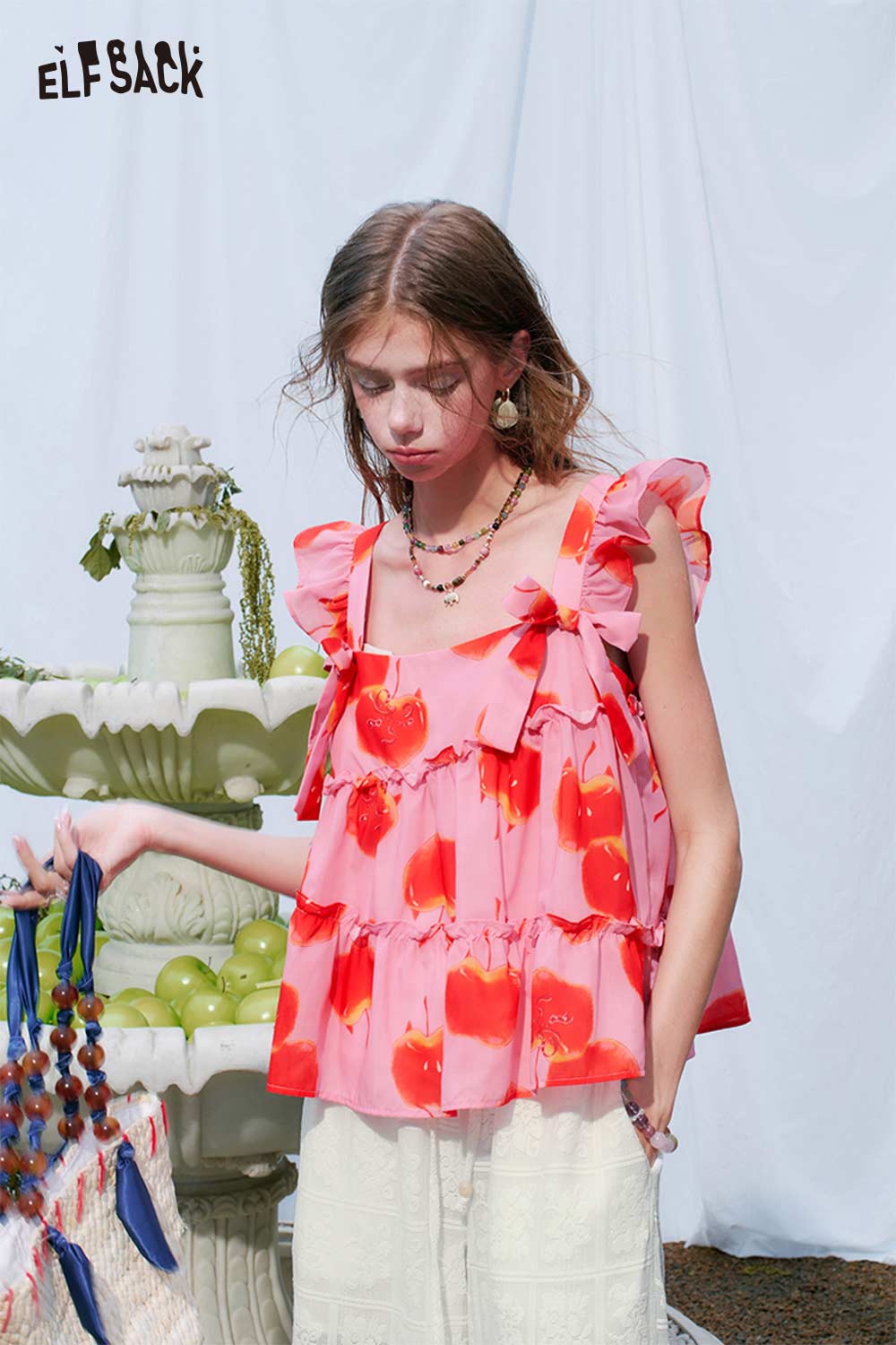 ELFSACK Fruit Print Tiered Ruffle Blouse