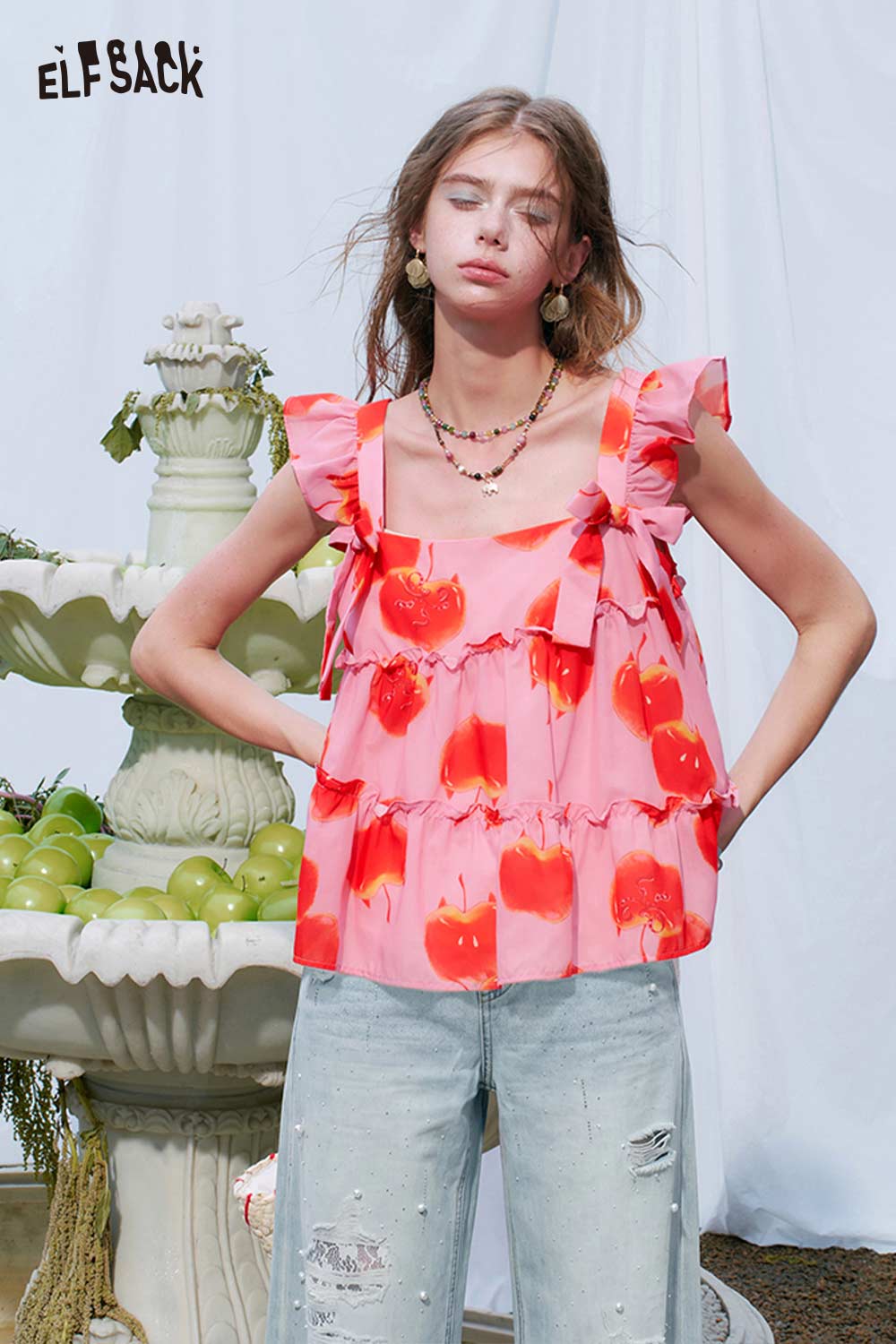 ELFSACK Fruit Print Tiered Ruffle Blouse
