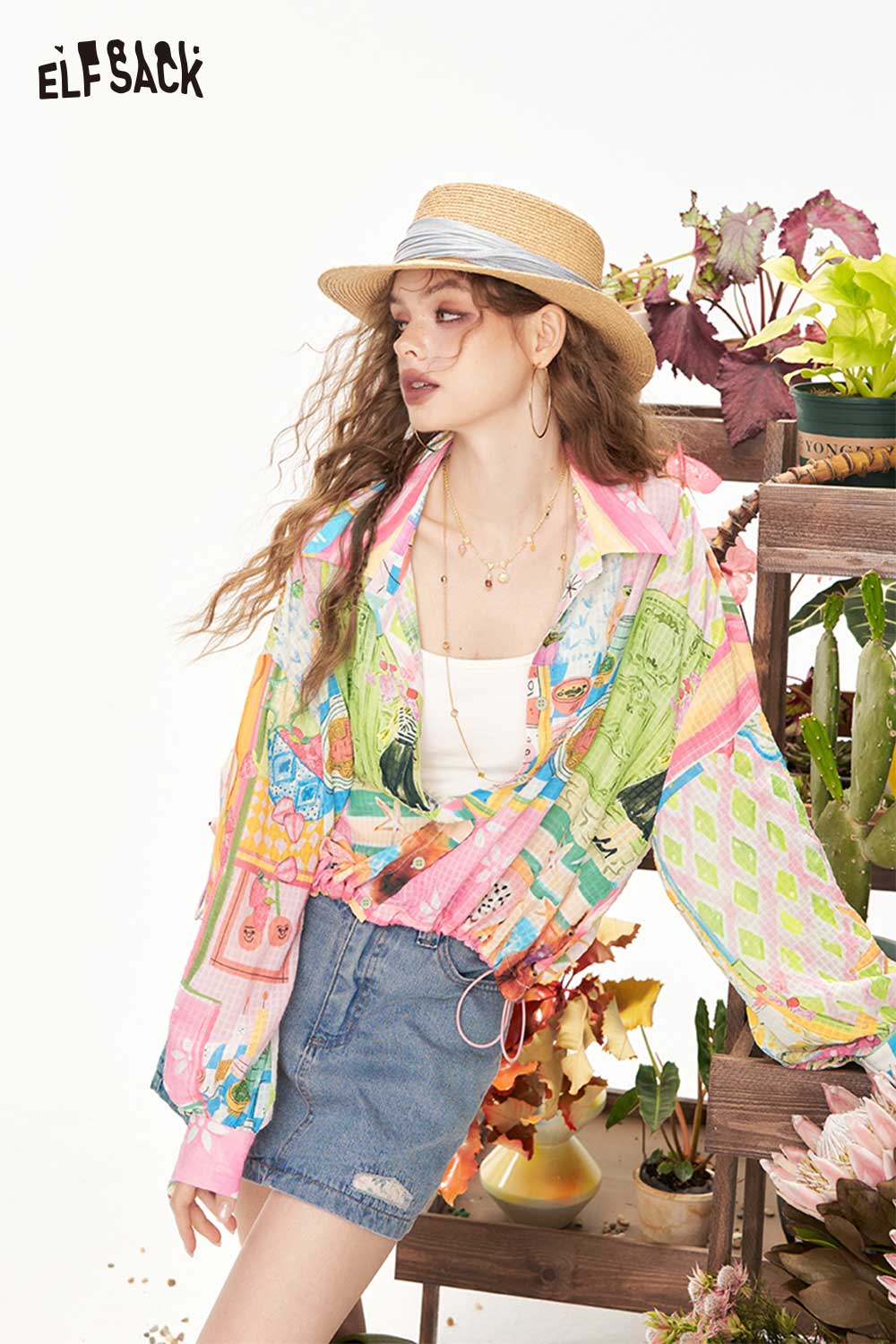 ELFSACK Fun Graffiti All-Over Print Loose Long Sleeve Shirt