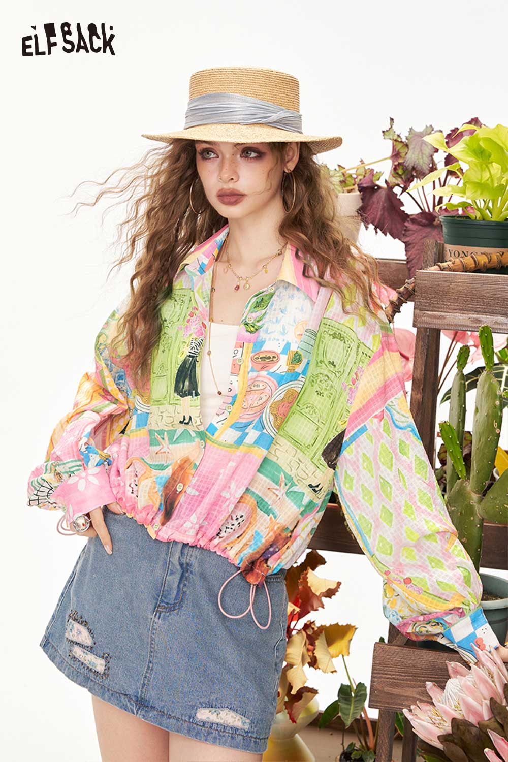 ELFSACK Fun Graffiti All-Over Print Loose Long Sleeve Shirt