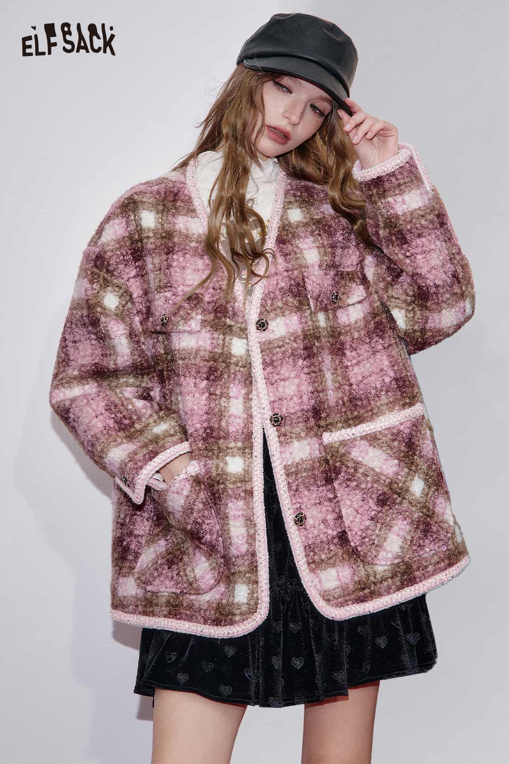 ELFSACK Fuzzy Plaid-patterned Loose-fit Parkas Coat