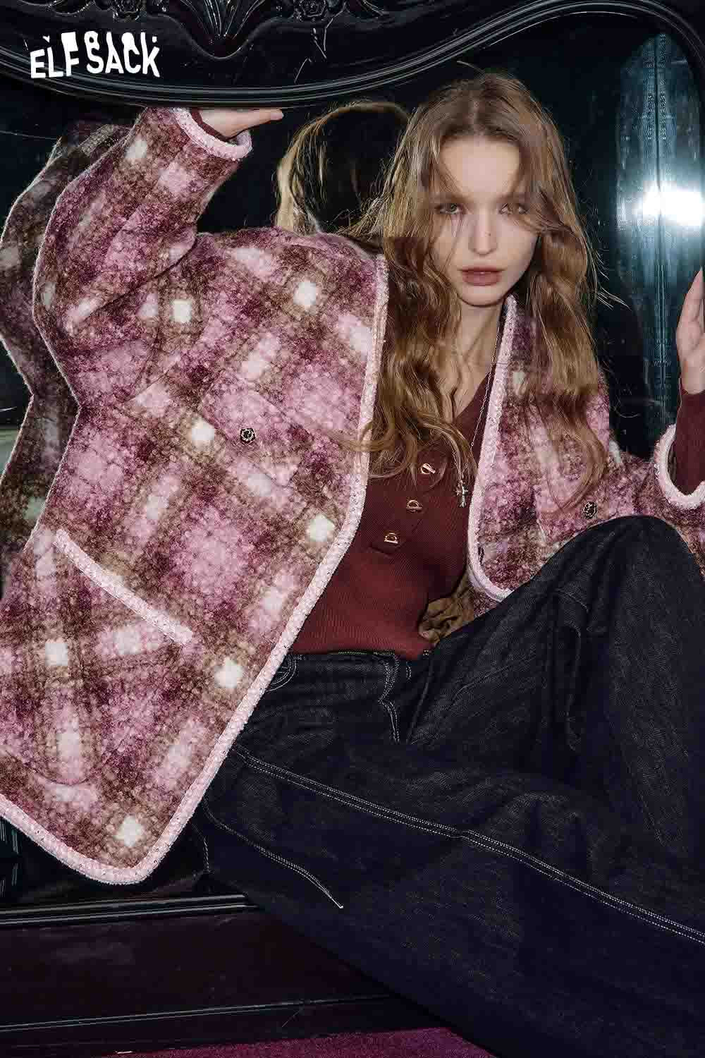 ELFSACK Fuzzy Plaid-patterned Loose-fit Parkas Coat
