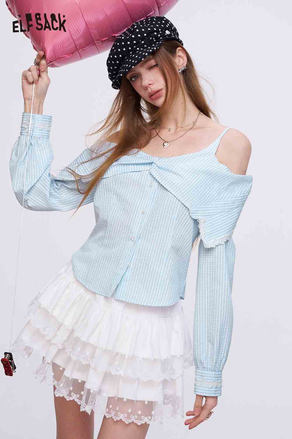 ELFSACK Gingham Cold Shoulder Lace Trim Blouse