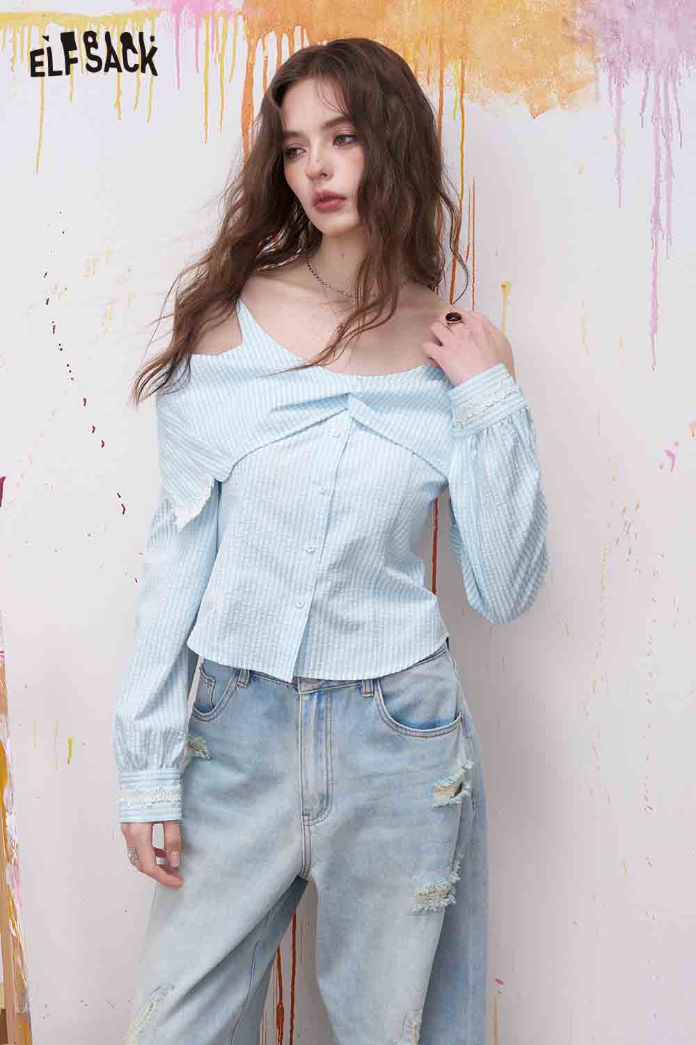 ELFSACK Gingham Cold Shoulder Lace Trim Blouse