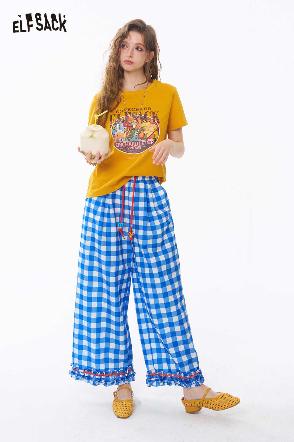 ELFSACK Gingham Ruffle Hem Beaded Wide Pants