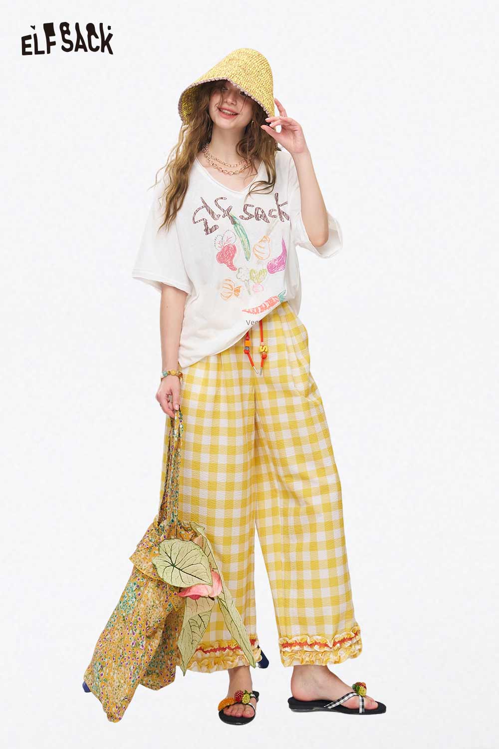 ELFSACK Gingham Ruffle Hem Beaded Wide Pants