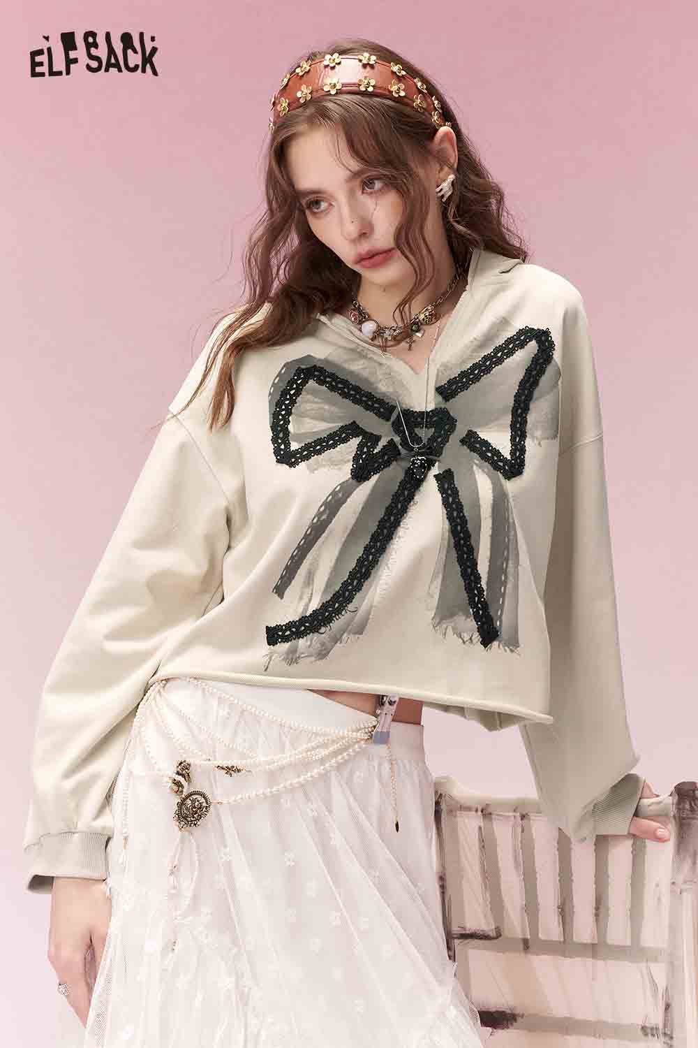 ELFSACK Sweet Spicy Girly Lace Bow Hooded Cropped Sweatshirt