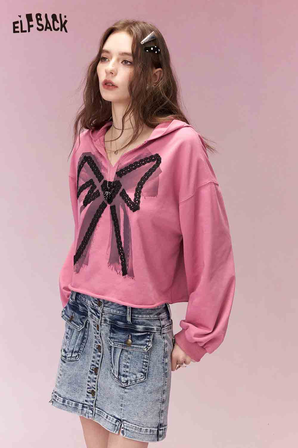 ELFSACK Sweet Spicy Girly Lace Bow Hooded Cropped Sweatshirt