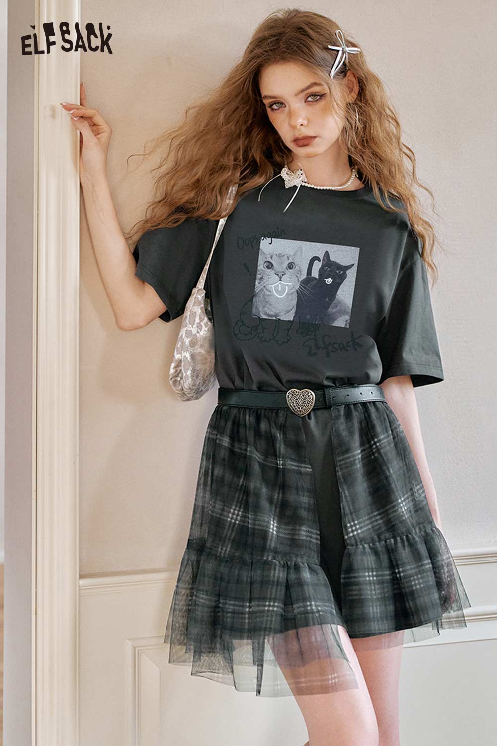 ELFSACK Gothic Cat Print Plaid Mini Dress