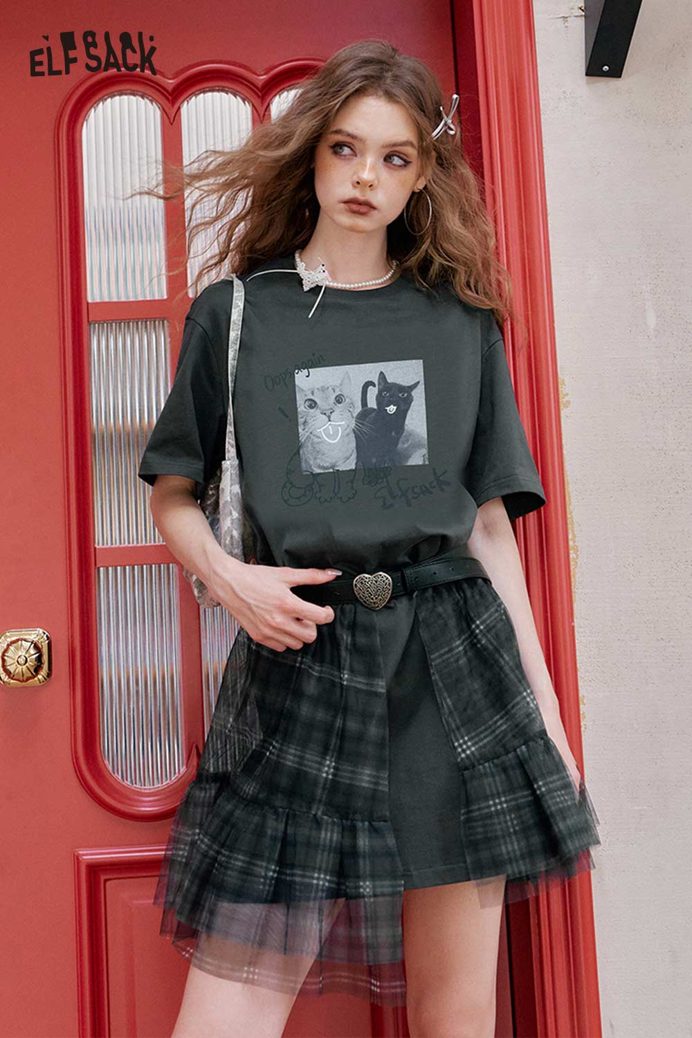 ELFSACK Gothic Cat Print Plaid Mini Dress