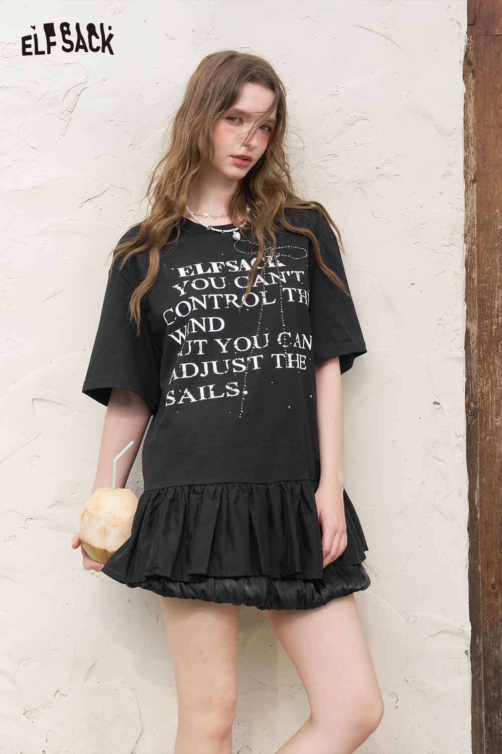 ELFSACK Gothic Letter Print Ruffled Tee