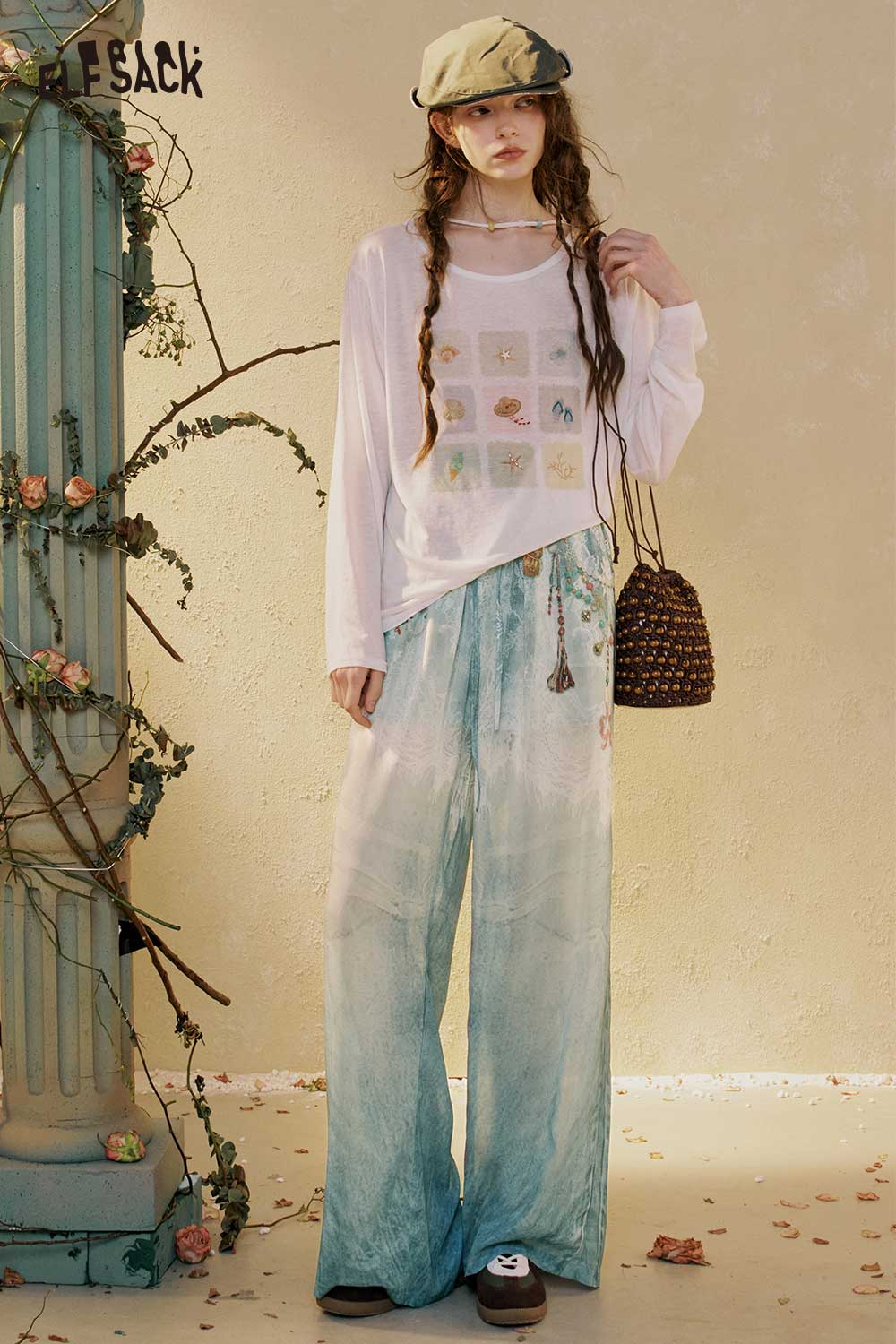 ELFSACK Gradient Lace Print Wide Leg Pants