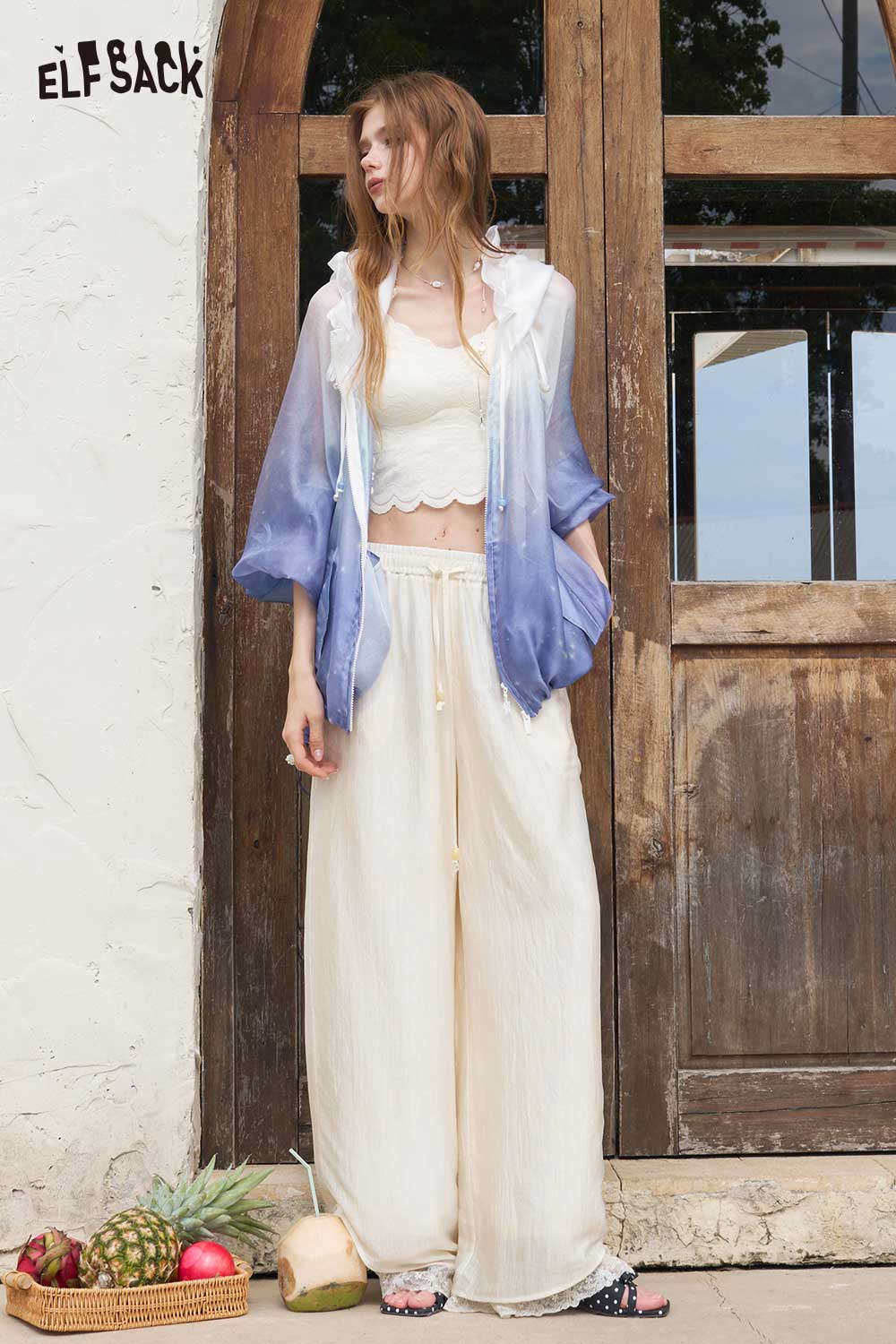 ELFSACK Gradient Pearl Hooded Lantern Sleeve Crop Jacket