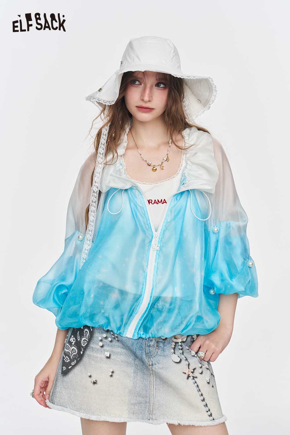 ELFSACK Gradient Pearl Lantern Sleeve Ruffle Crop Jacket