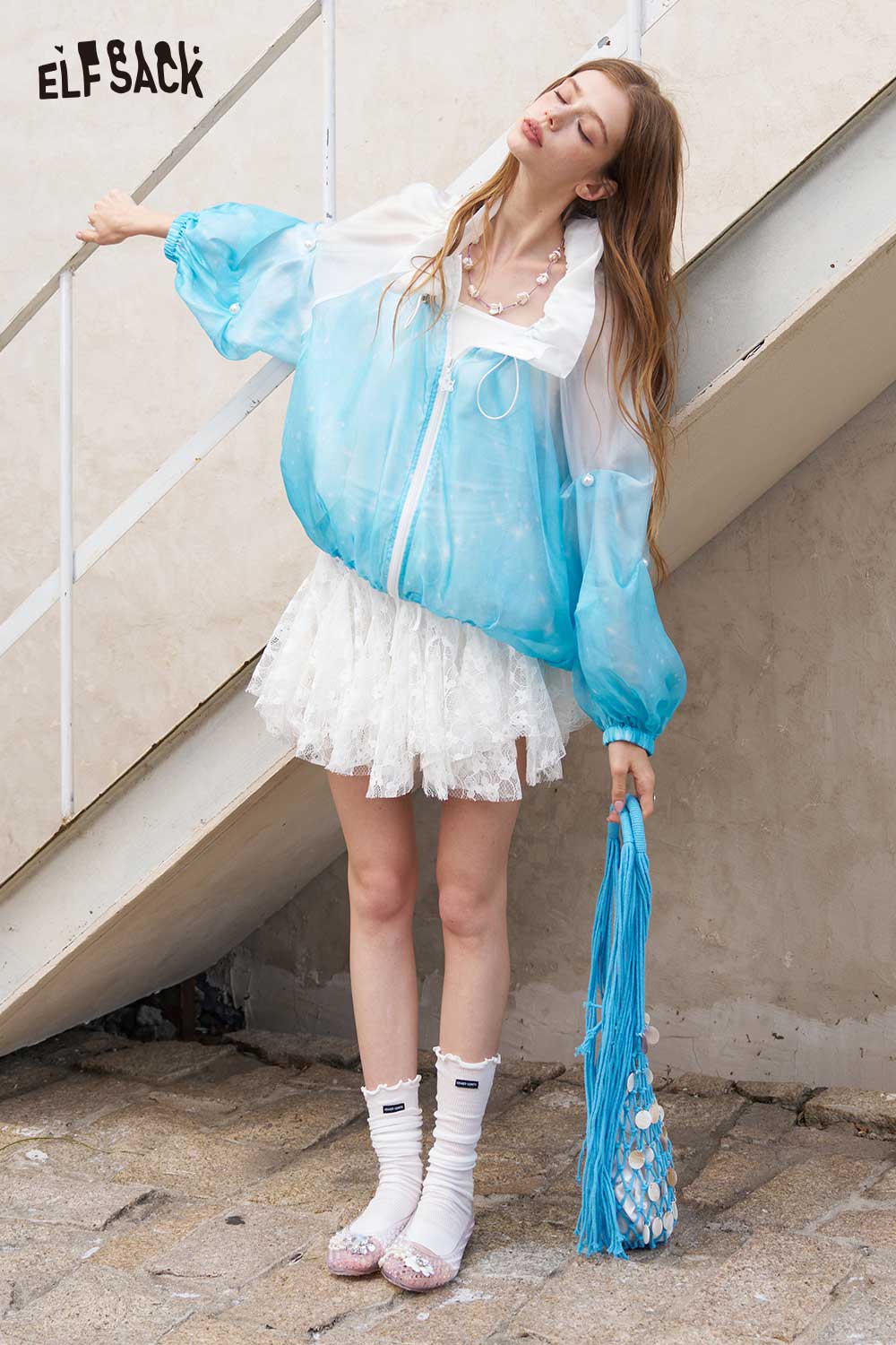 ELFSACK Gradient Pearl Lantern Sleeve Ruffle Crop Jacket