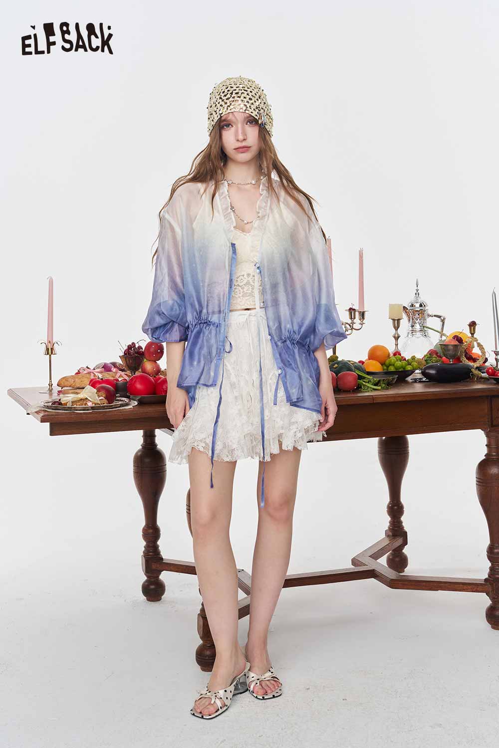 ELFSACK Gradient Ruffle V Neck Pearl Button Blouse