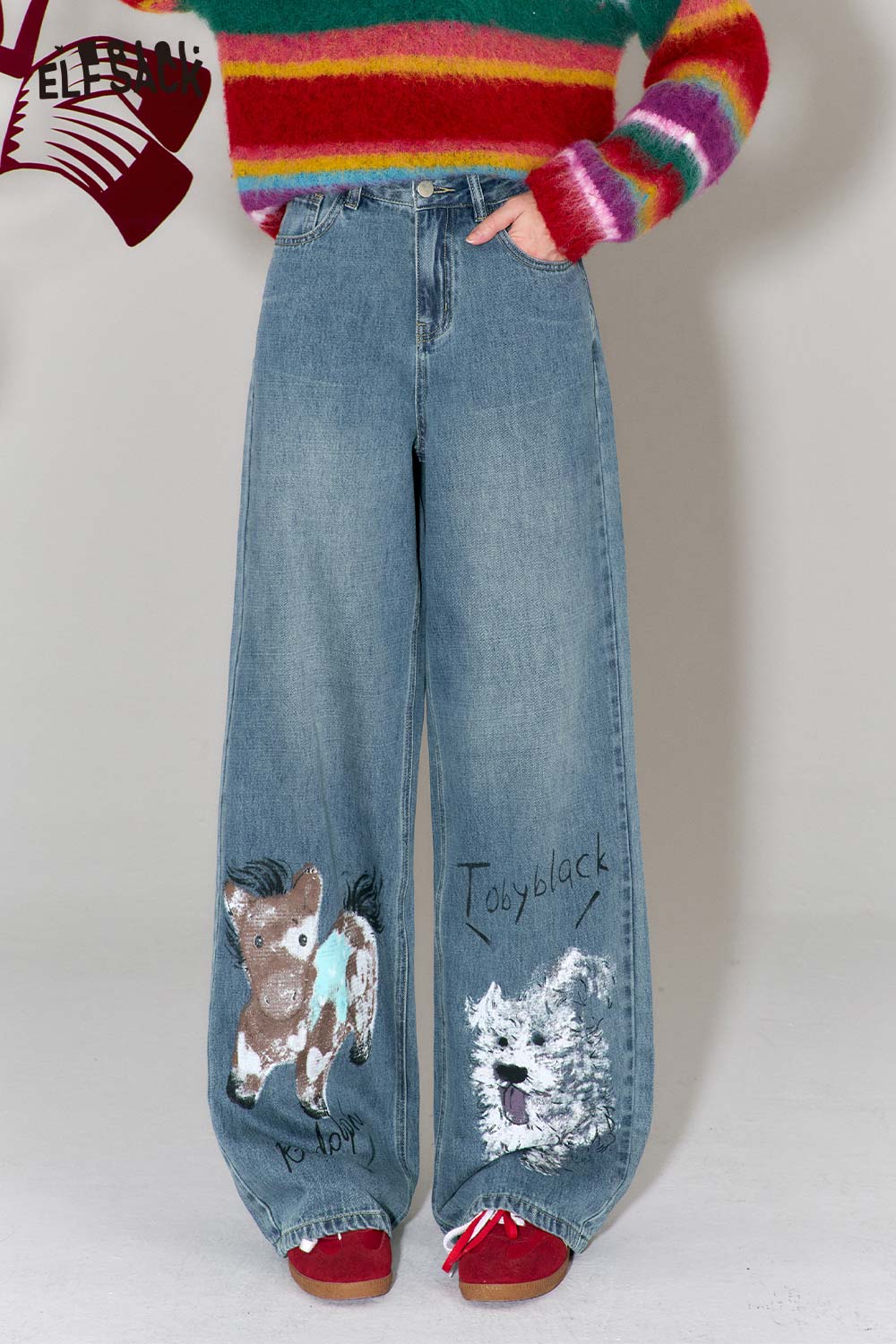 ELFSACK Trendy Graffiti Animal Print Wide Leg Jeans