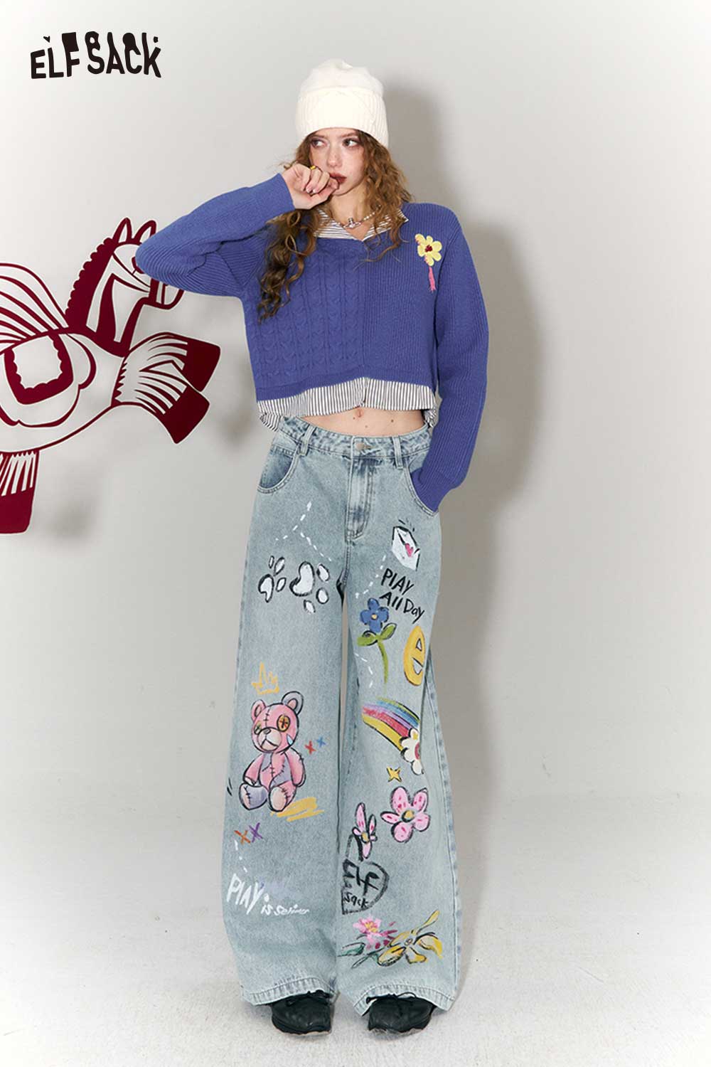 ELFSACK Whimsical Graffiti Cartoon Print Wide Leg Jeans