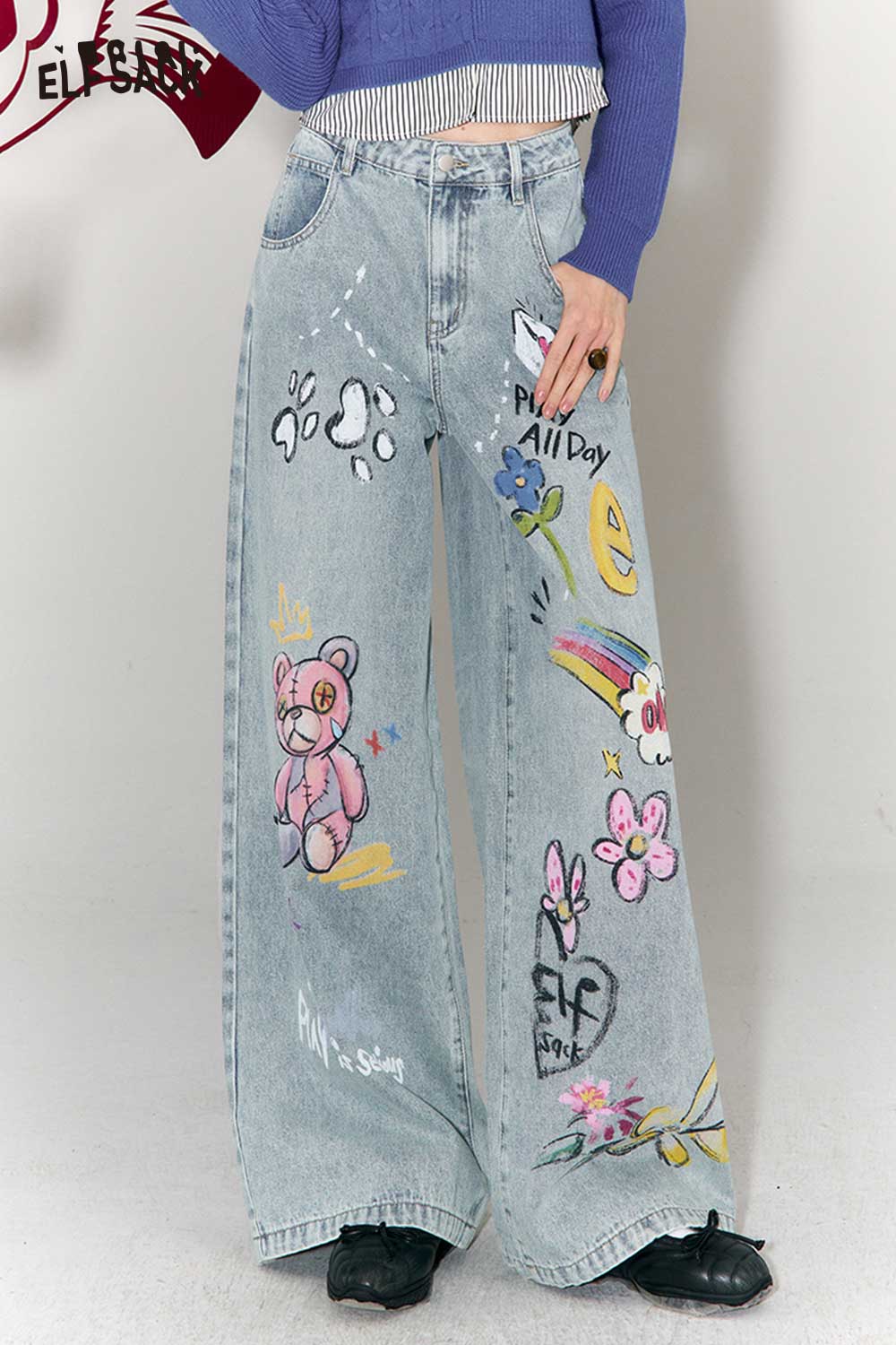ELFSACK Whimsical Graffiti Cartoon Print Wide Leg Jeans