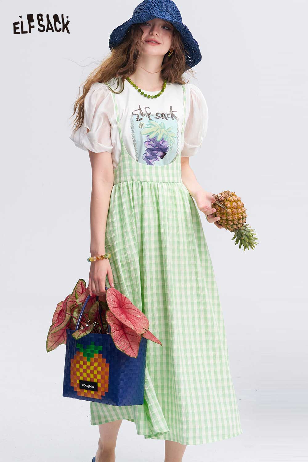 ELFSACK Grape Print Tee Plaid Skirt Set