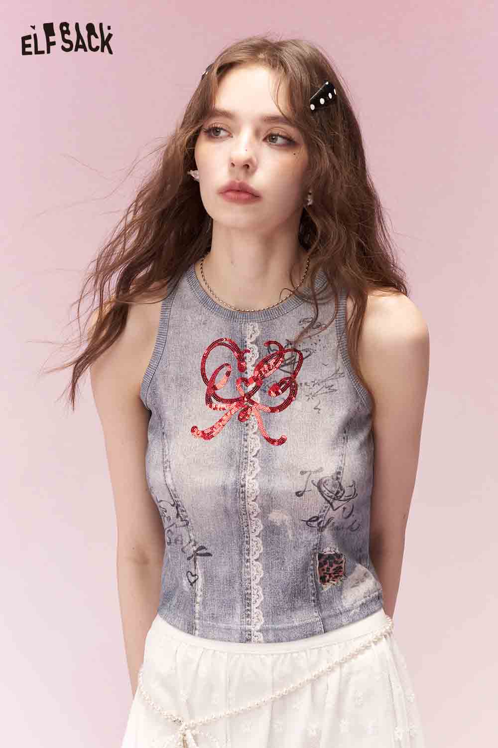 ELFSACK Casual Cotton Fitting Graphic Bow Bead Embroidery Lace Short Camisole