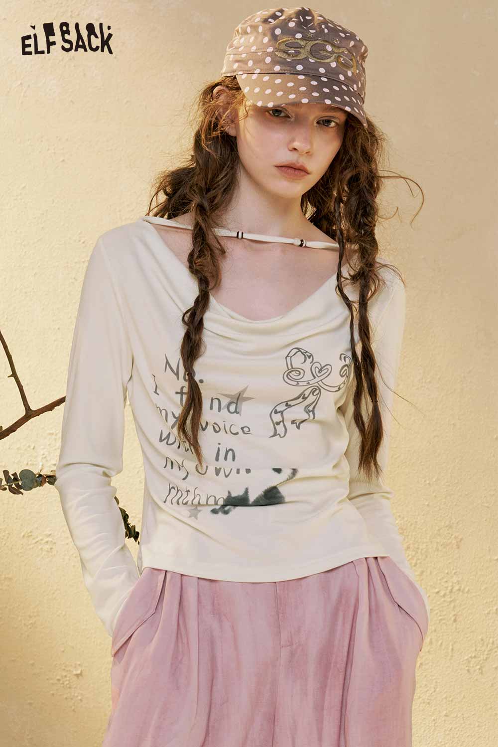 ELFSACK Graphic Print Cowl Neck Long Sleeve Tee