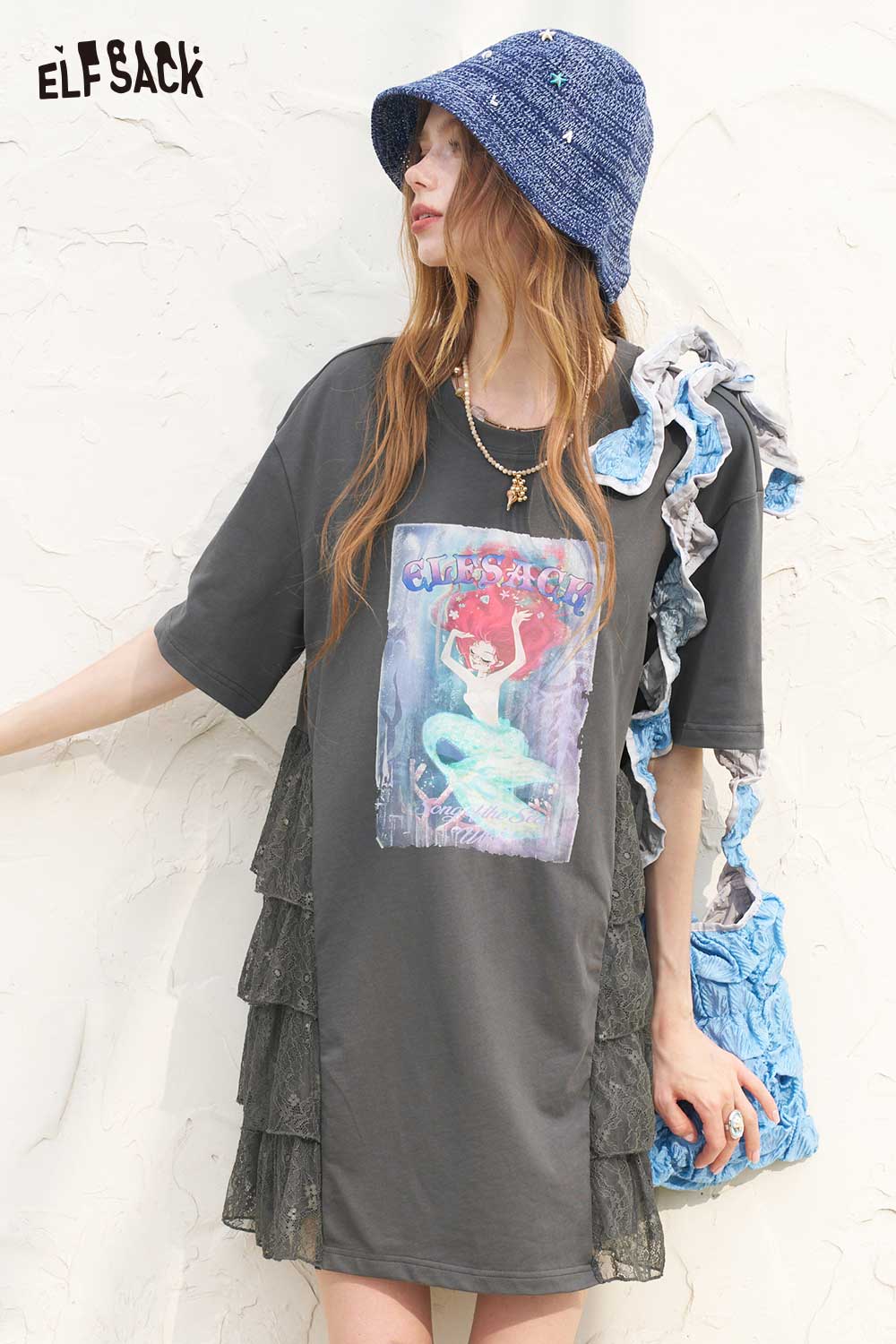 ELFSACK Graphic Print Lace Ruffle T Shirt Mini Dress