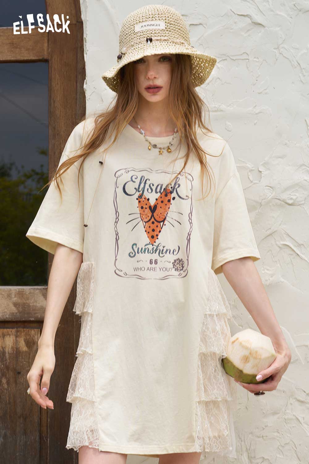 ELFSACK Graphic Print Lace Ruffle T Shirt Mini Dress