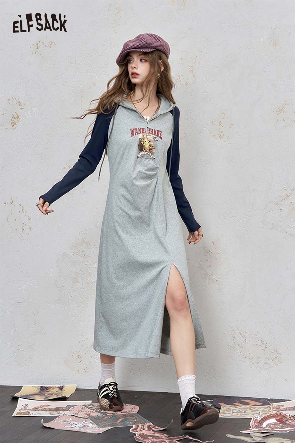 ELFSACK Soft Raglan Sleeve Allover Graphic Print Shirred Waist Dress