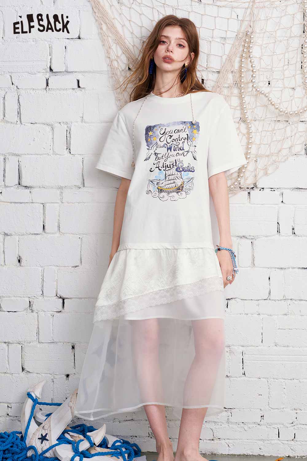 ELFSACK Graphic Print Tiered Mesh T-Shirt Maxi Dress