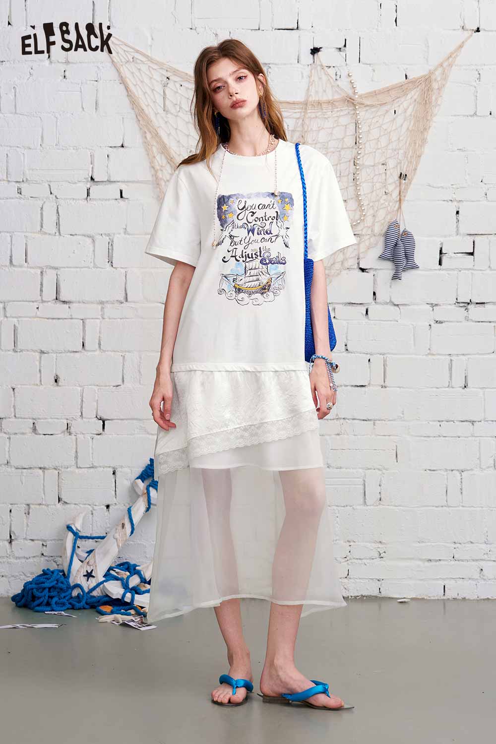 ELFSACK Graphic Print Tiered Mesh T-Shirt Maxi Dress