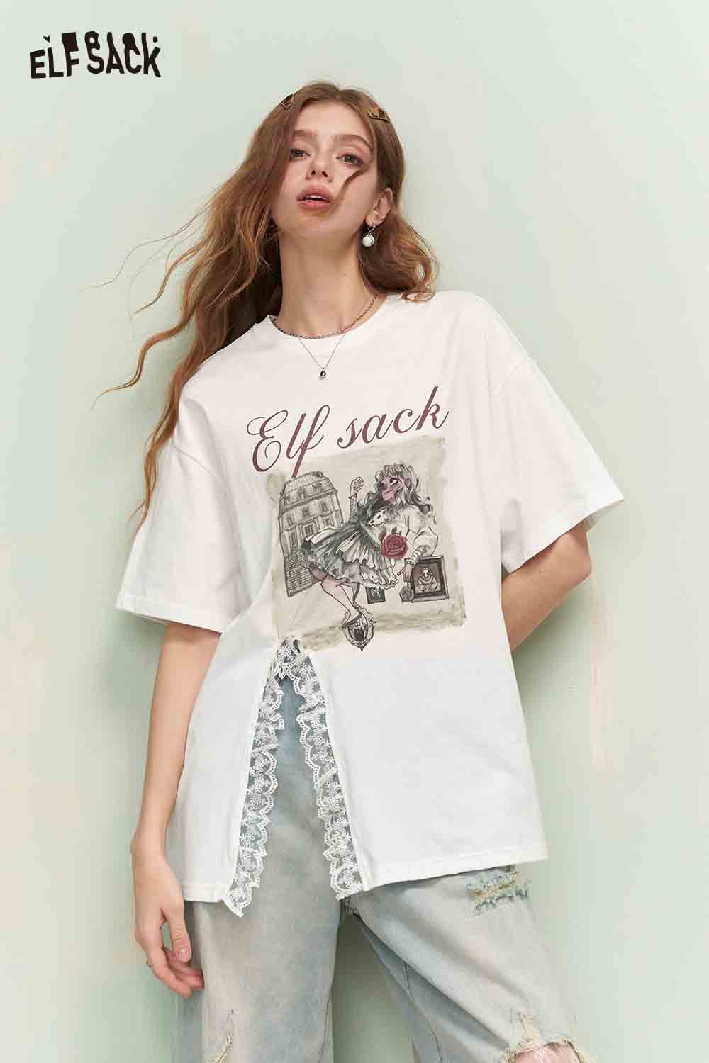 ELFSACK Graphic Print Tshirt with Lace Trim Hem