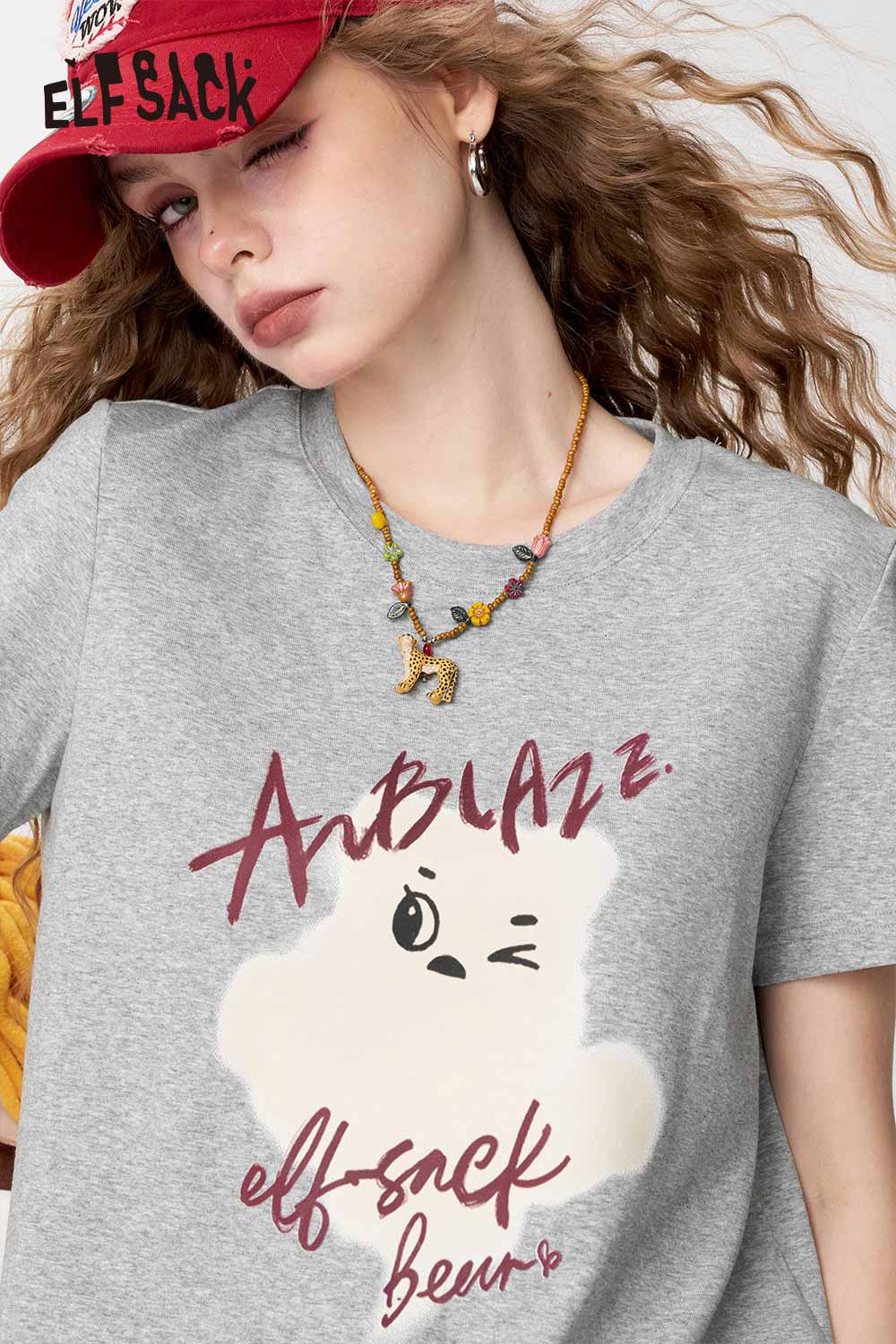 ELFSACK Gray Letter Print Slim Fit Casual Top