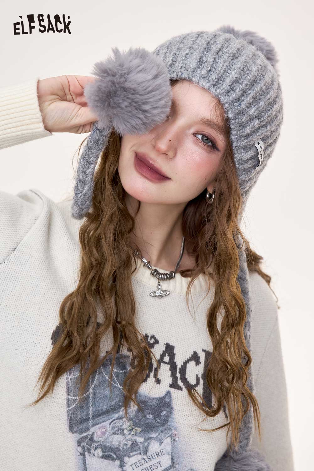 ELFSACK Gray Plush Therapeutic Pom Pom Knit Beanie