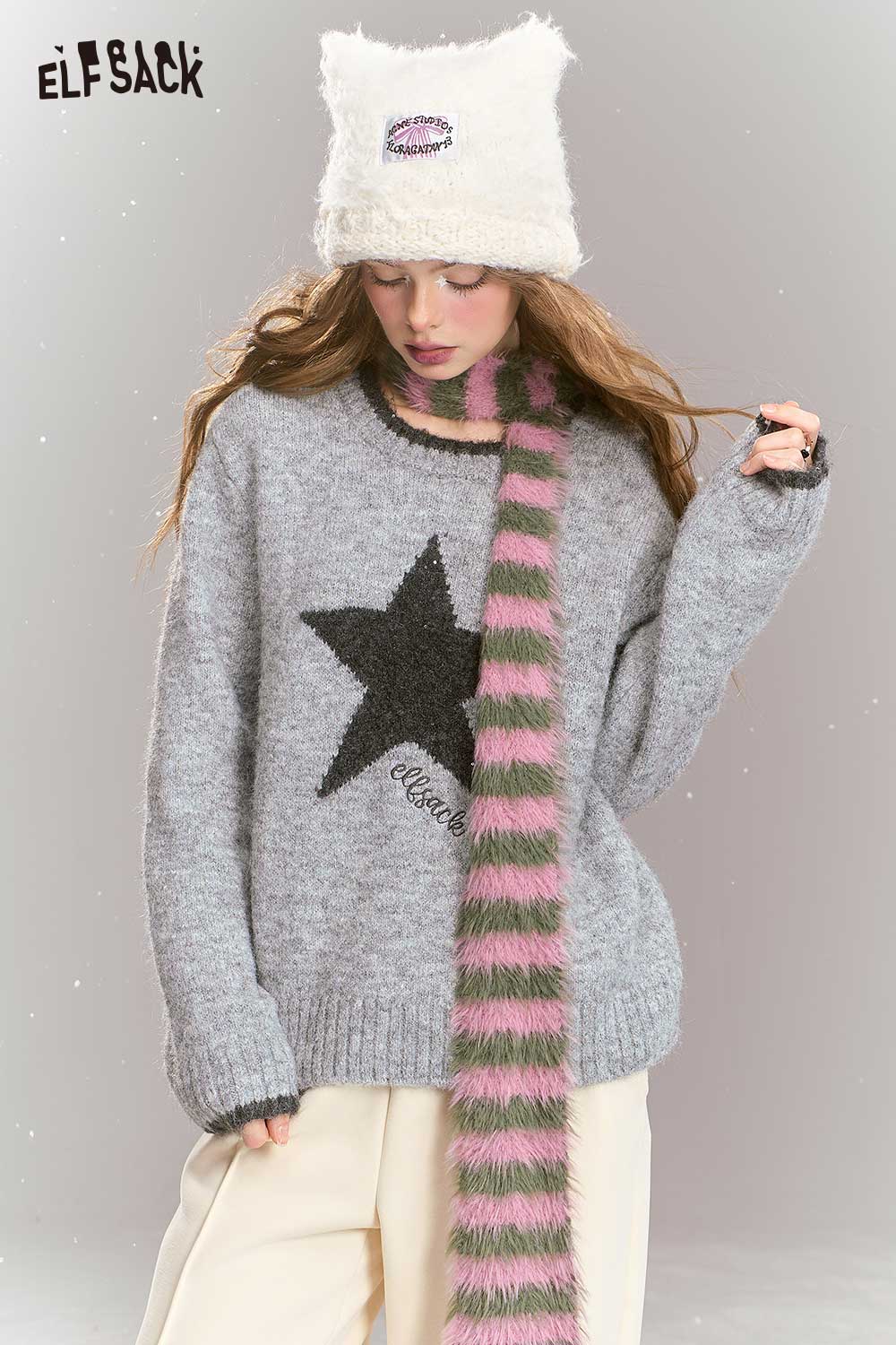 ELFSACK Gray Star Pattern Knit Sweater