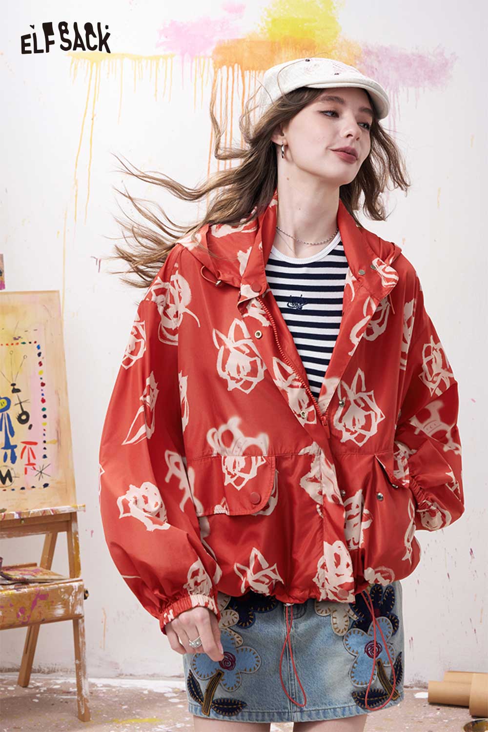 ELFSACK Grunge Rose Print Windbreaker