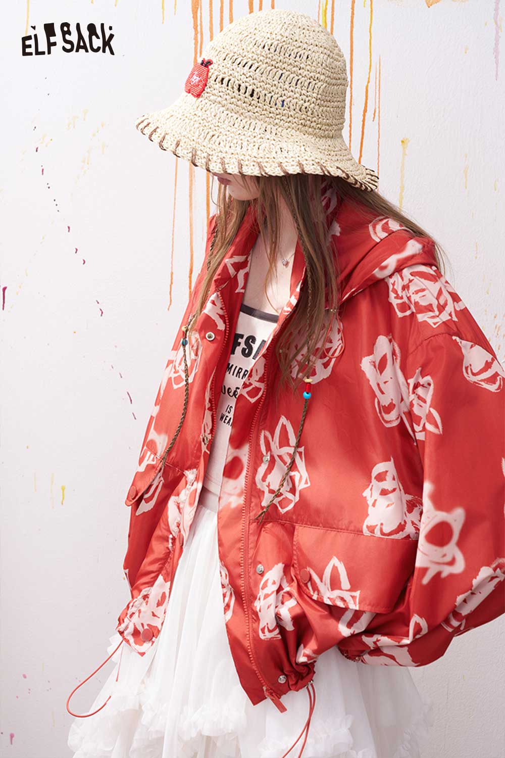 ELFSACK Grunge Rose Print Windbreaker