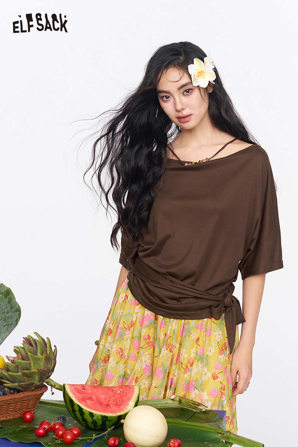 ELFSACK Halter Back Ruched Tie Crop Top