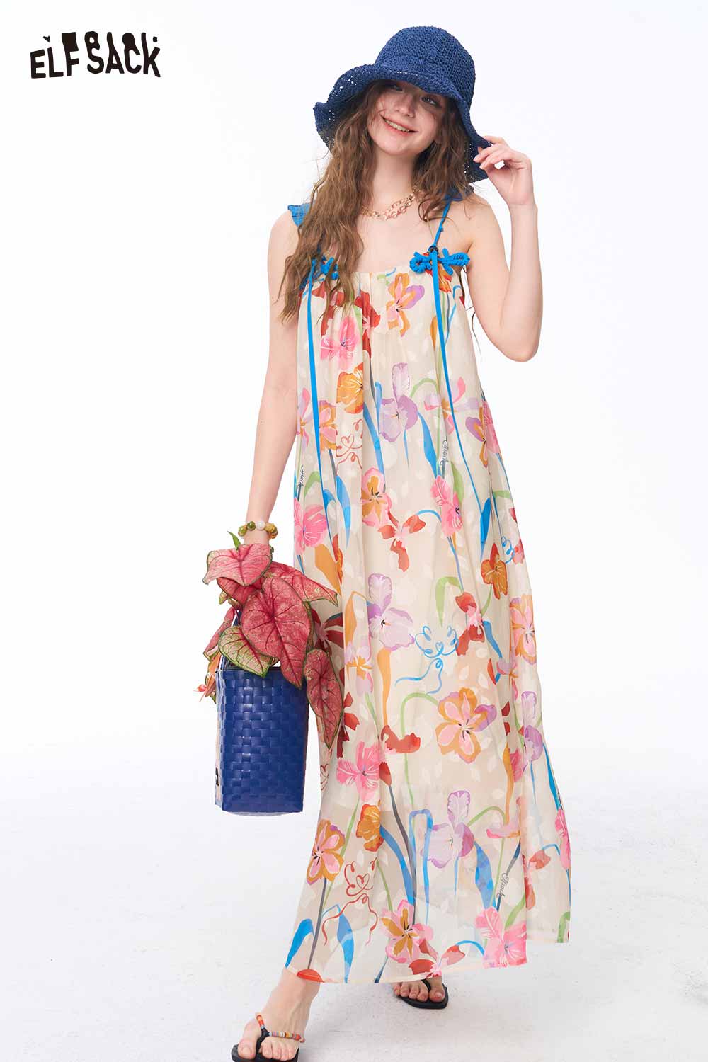 ELFSACK Hand Drawn Floral Tie Strap Slip Dress