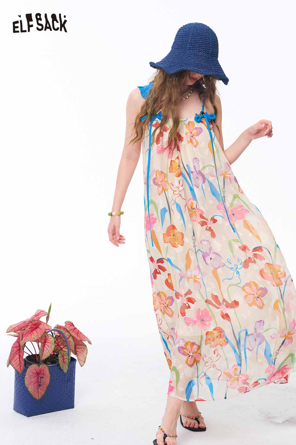 ELFSACK Hand Drawn Floral Tie Strap Slip Dress