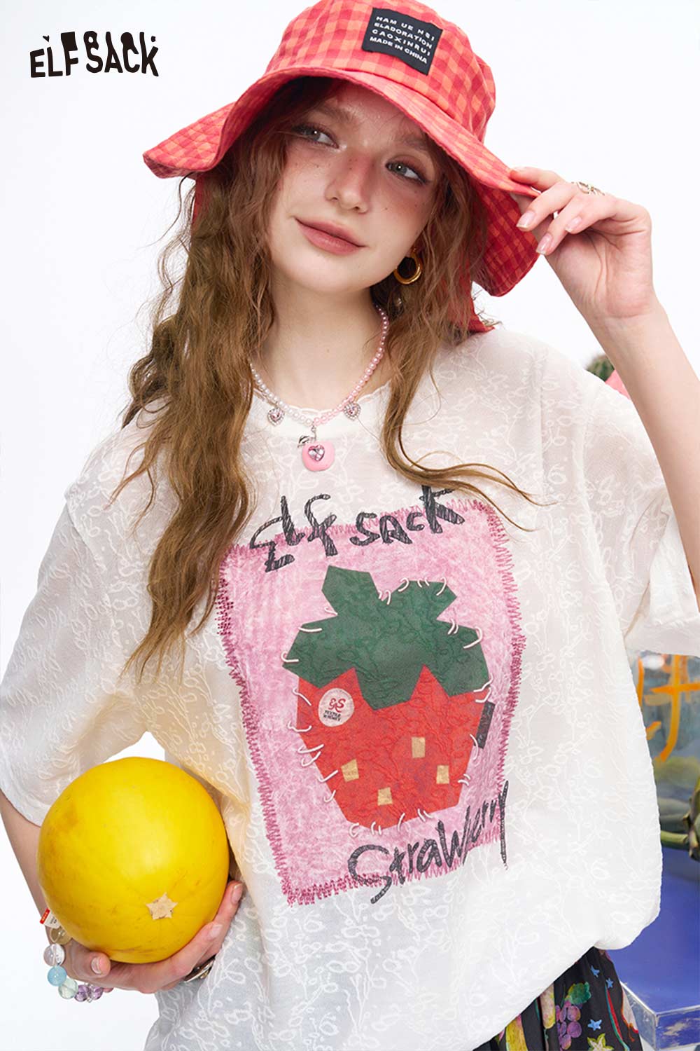 ELFSACK Hand Drawn Fruit Print Loose Tee