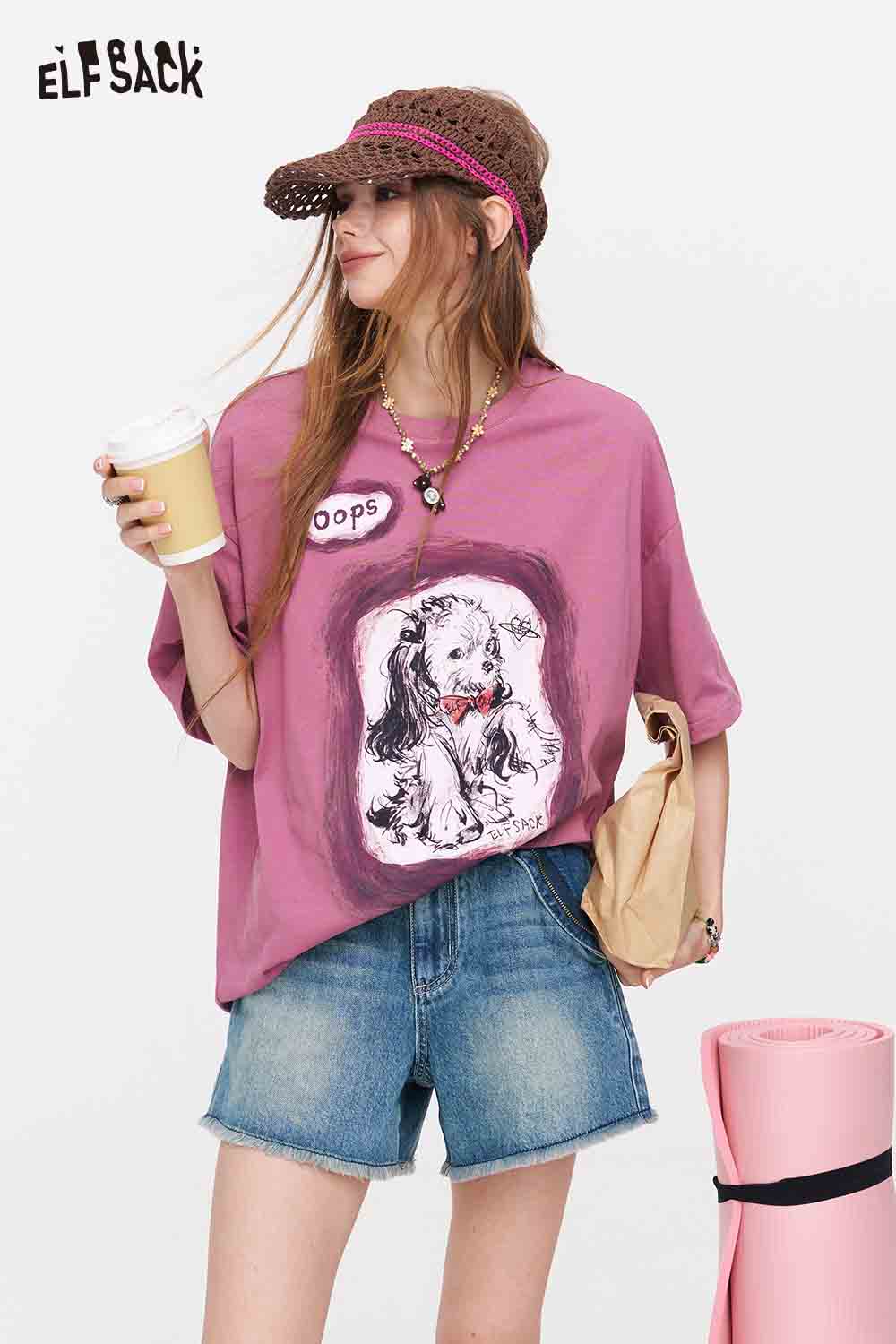 ELFSACK Hand-Drawn Pet Print Knit T-Shirt