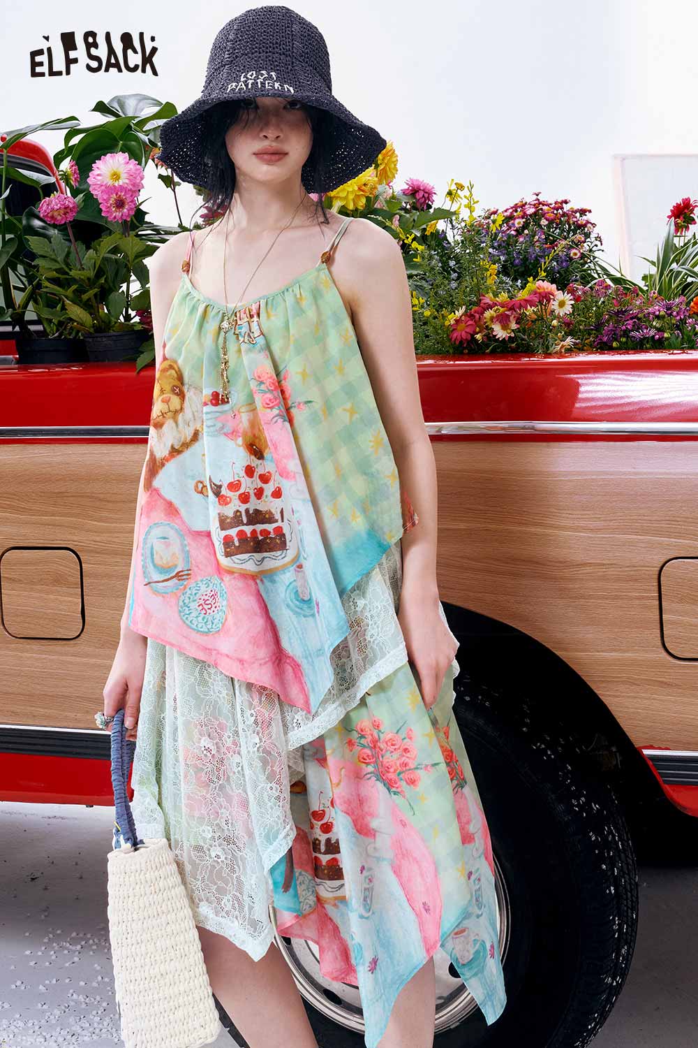 ELFSACK Hand Printed Tiered Asymmetrical Maxi Dress