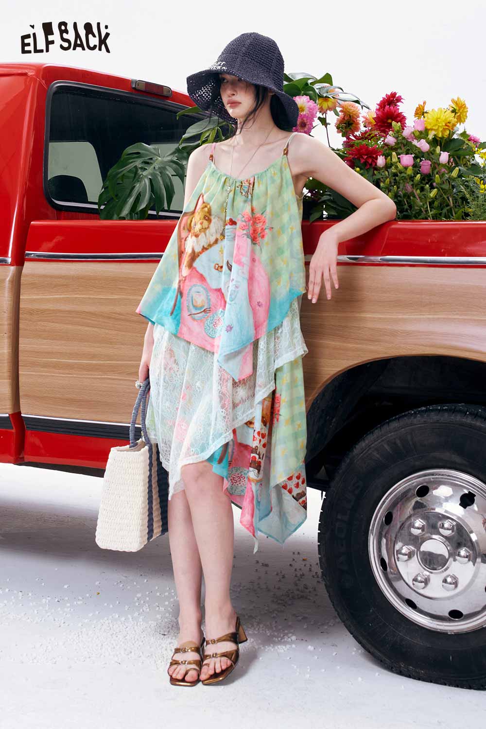 ELFSACK Hand Printed Tiered Asymmetrical Maxi Dress