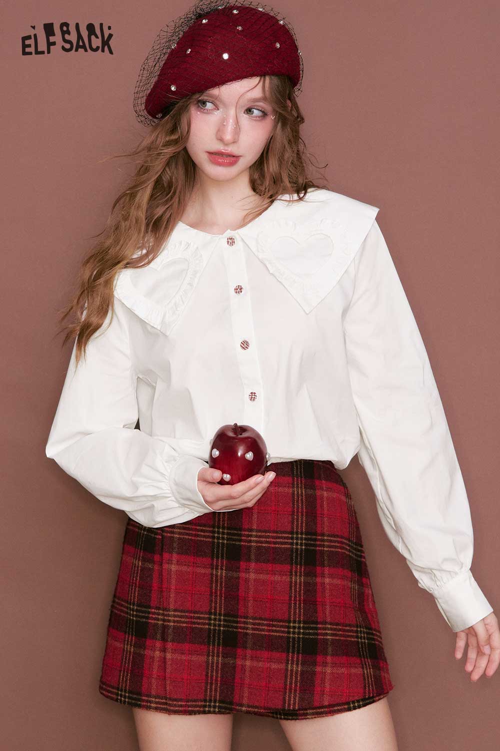 ELFSACK Sweet Loose Heart Doll Collar Button Solid Blouse