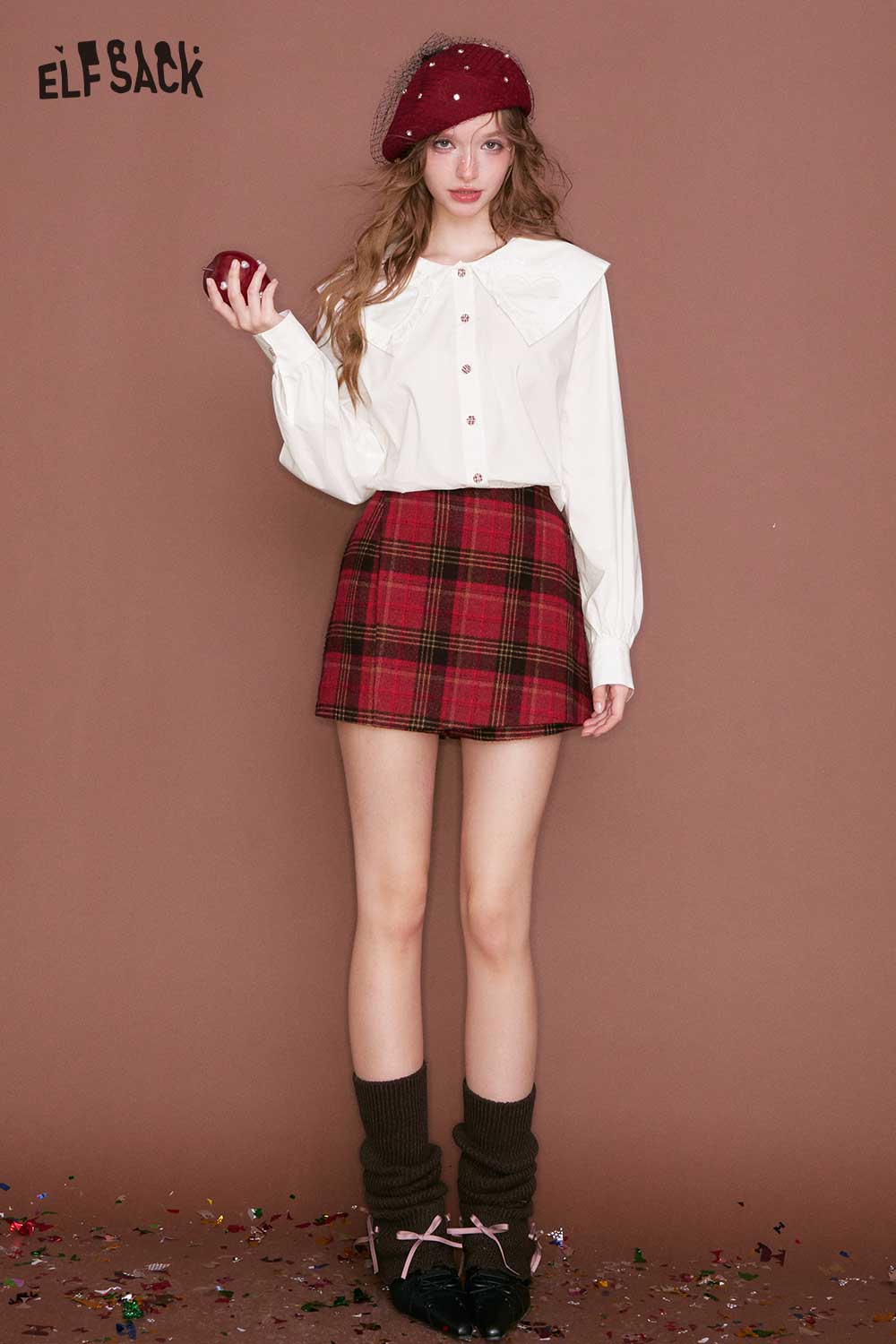 ELFSACK Sweet Loose Heart Doll Collar Button Solid Blouse