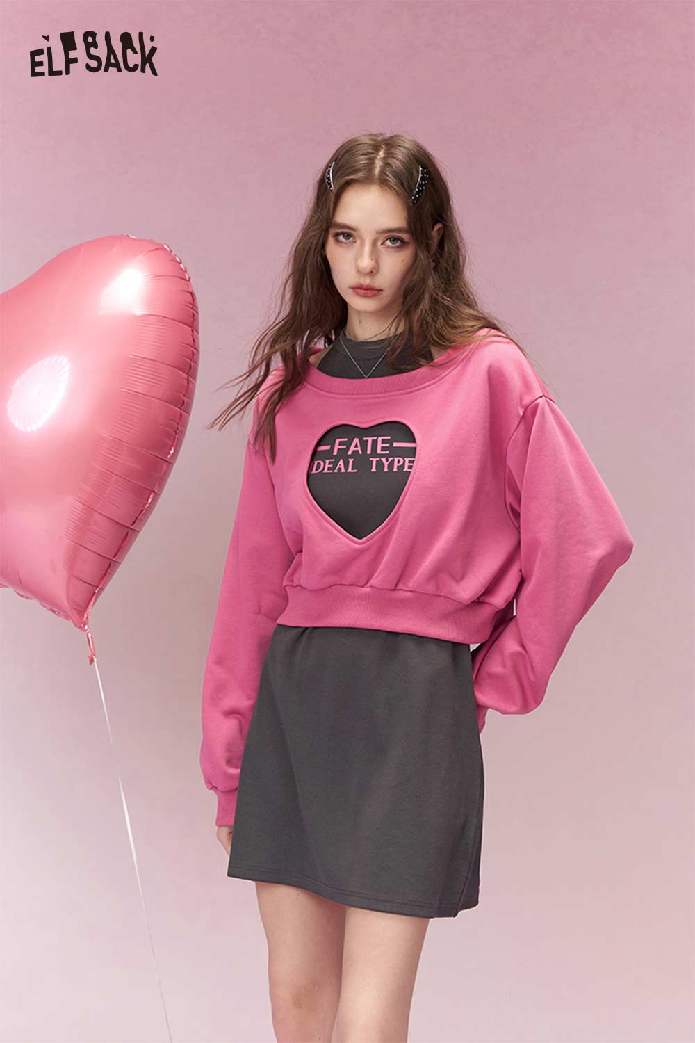 ELFSACK Sweet Heart Cutout Color Blocking Two Piece Hoodie Dress